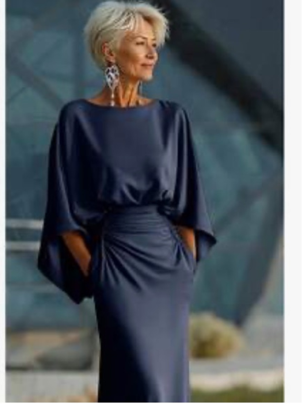 Elegant Boat Neck Batwing Sleeve Maxi Dress - Navy Blue
